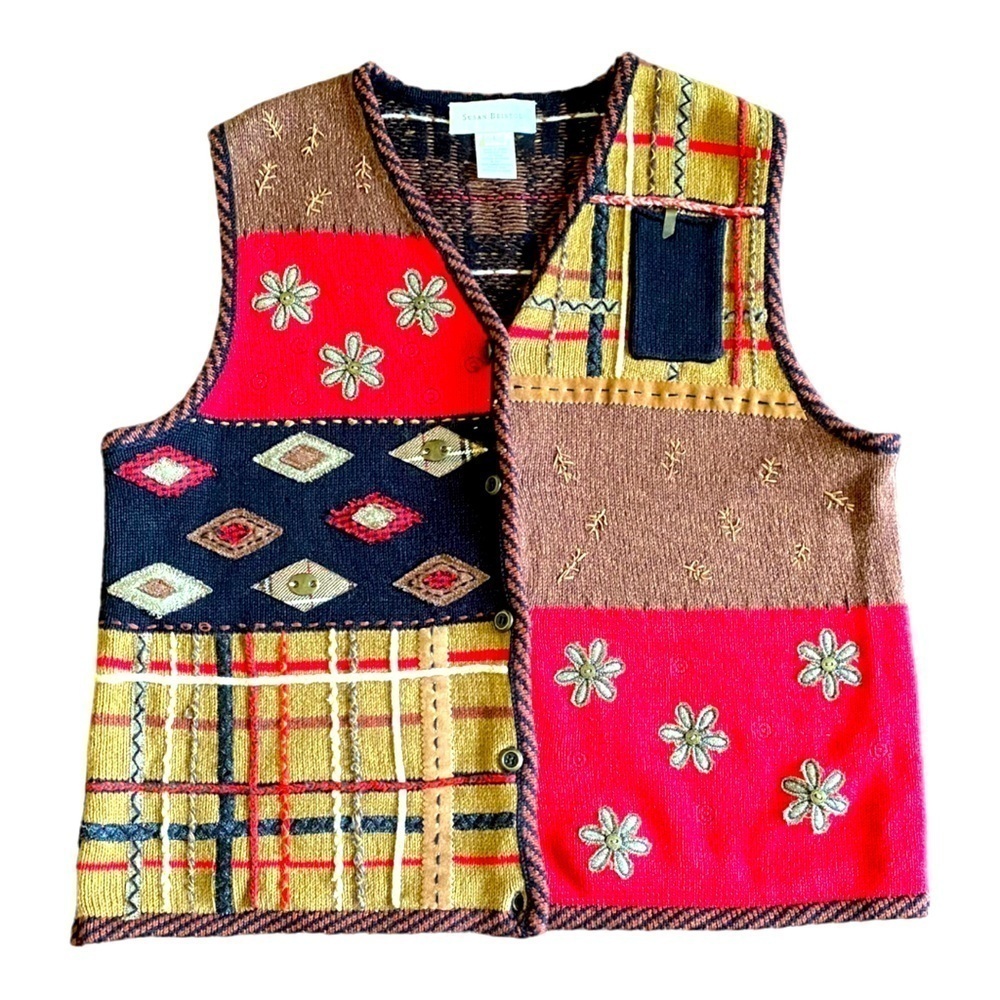 Vintage Designer Susan Bristol Sz L Hand Embroidered Ramie Patchwork Vest